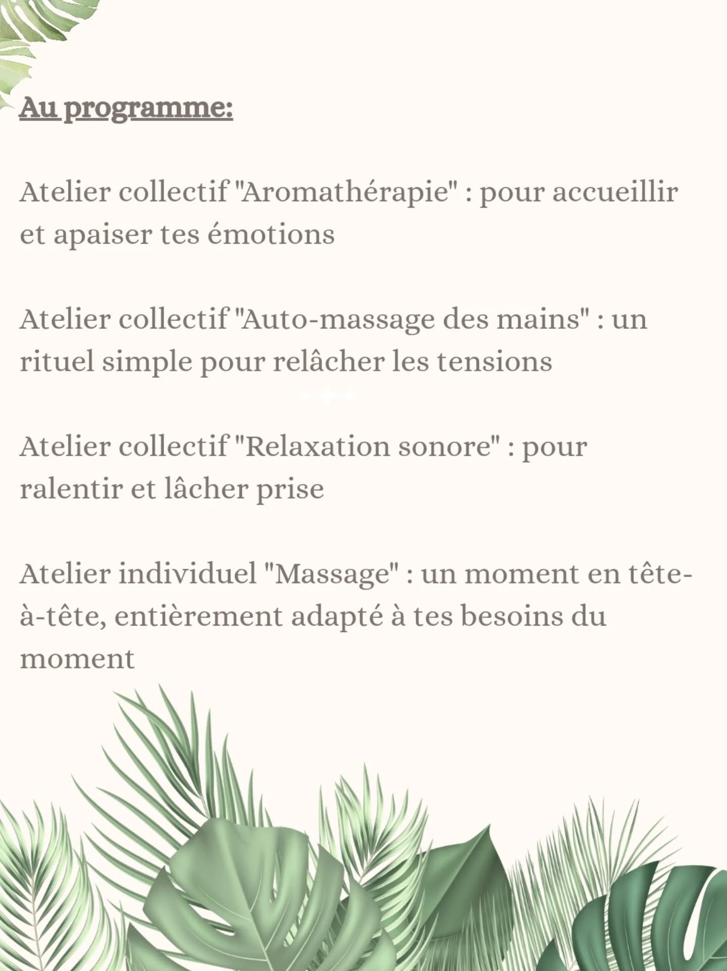 Programmede l'Atelier Bien-Être Femmes du 28 mars 2026